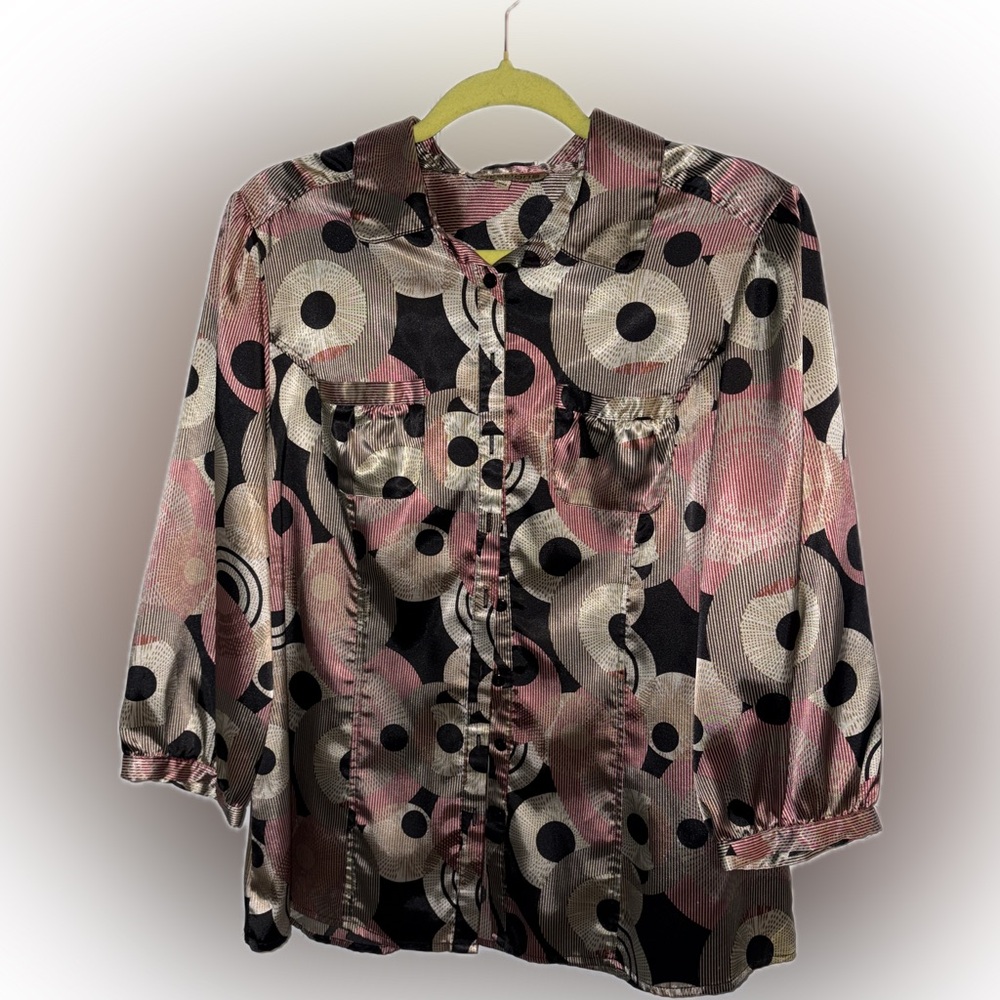 Notations Pink Black and Cream Geometric Polyester Button-Down Blouse